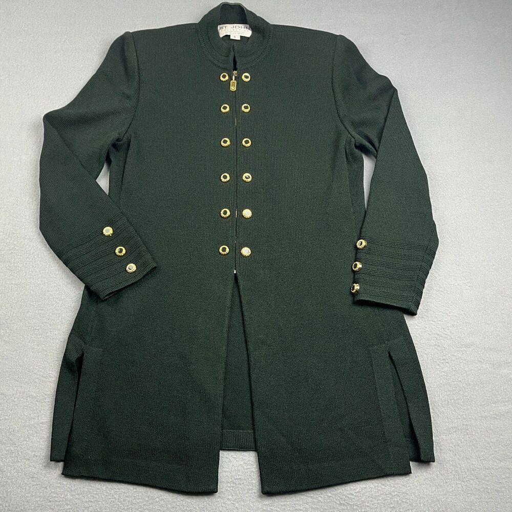 St. John Vtg Santana Knit Long Green Jacket Mandarin Collar Women's 6